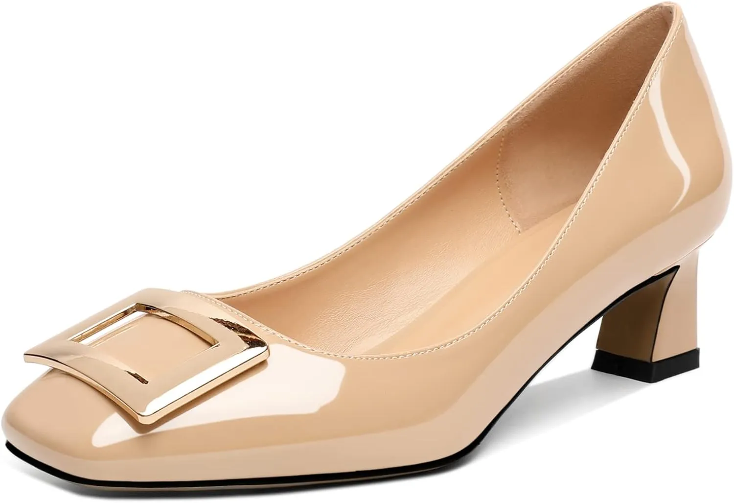 Soireelady Women Low Block Heel Pumps Elegant Square Toe Metal Buckle Heels Slip on 2Inches Closed Toe Loafers Comfort Shoes for Wedding Office Evening