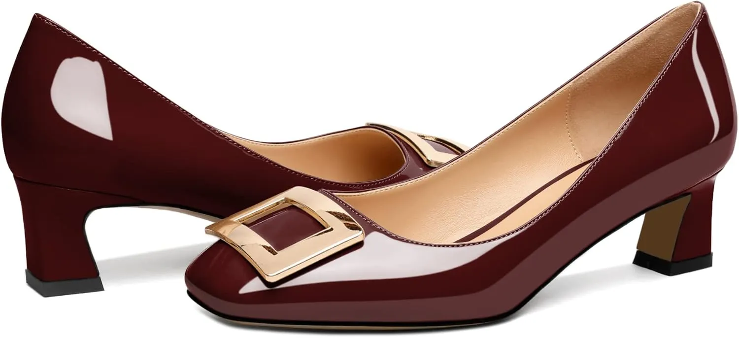 Soireelady Women Low Block Heel Pumps Elegant Square Toe Metal Buckle Heels Slip on 2Inches Closed Toe Loafers Comfort Shoes for Wedding Office Evening