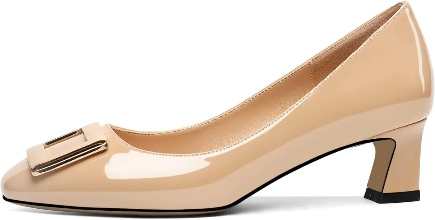 Soireelady Women Low Block Heel Pumps Elegant Square Toe Metal Buckle Heels Slip on 2Inches Closed Toe Loafers Comfort Shoes for Wedding Office Evening