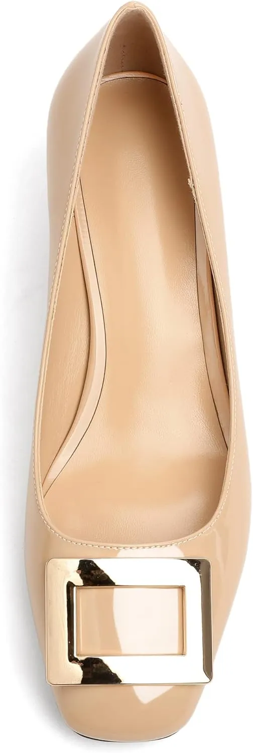 Soireelady Women Low Block Heel Pumps Elegant Square Toe Metal Buckle Heels Slip on 2Inches Closed Toe Loafers Comfort Shoes for Wedding Office Evening
