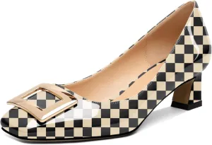 Soireelady Women Low Block Heel Pumps Elegant Square Toe Metal Buckle Heels Slip on 2Inches Closed Toe Loafers Comfort Shoes for Wedding Office Evening