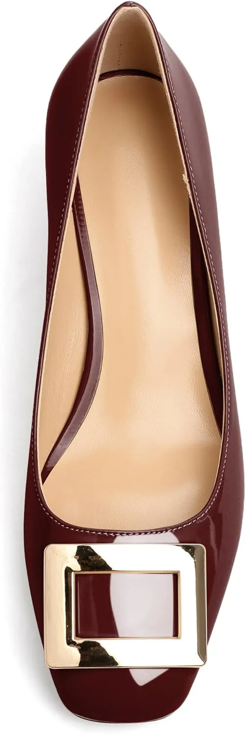 Soireelady Women Low Block Heel Pumps Elegant Square Toe Metal Buckle Heels Slip on 2Inches Closed Toe Loafers Comfort Shoes for Wedding Office Evening