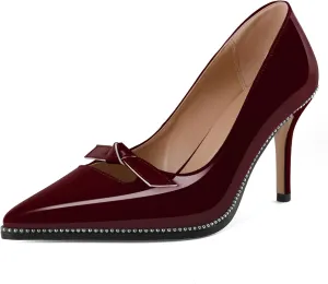 Soireelady Womens Beaded Pumps Stiletto High Heel with Bow Pointed Toe Slip On Fashion Dress Shoes Patent Leather 3.5 Inch