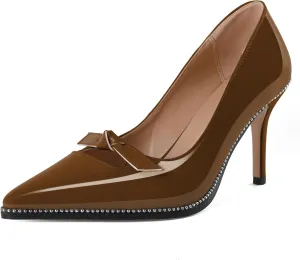 Soireelady Womens Beaded Pumps Stiletto High Heel with Bow Pointed Toe Slip On Fashion Dress Shoes Patent Leather 3.5 Inch
