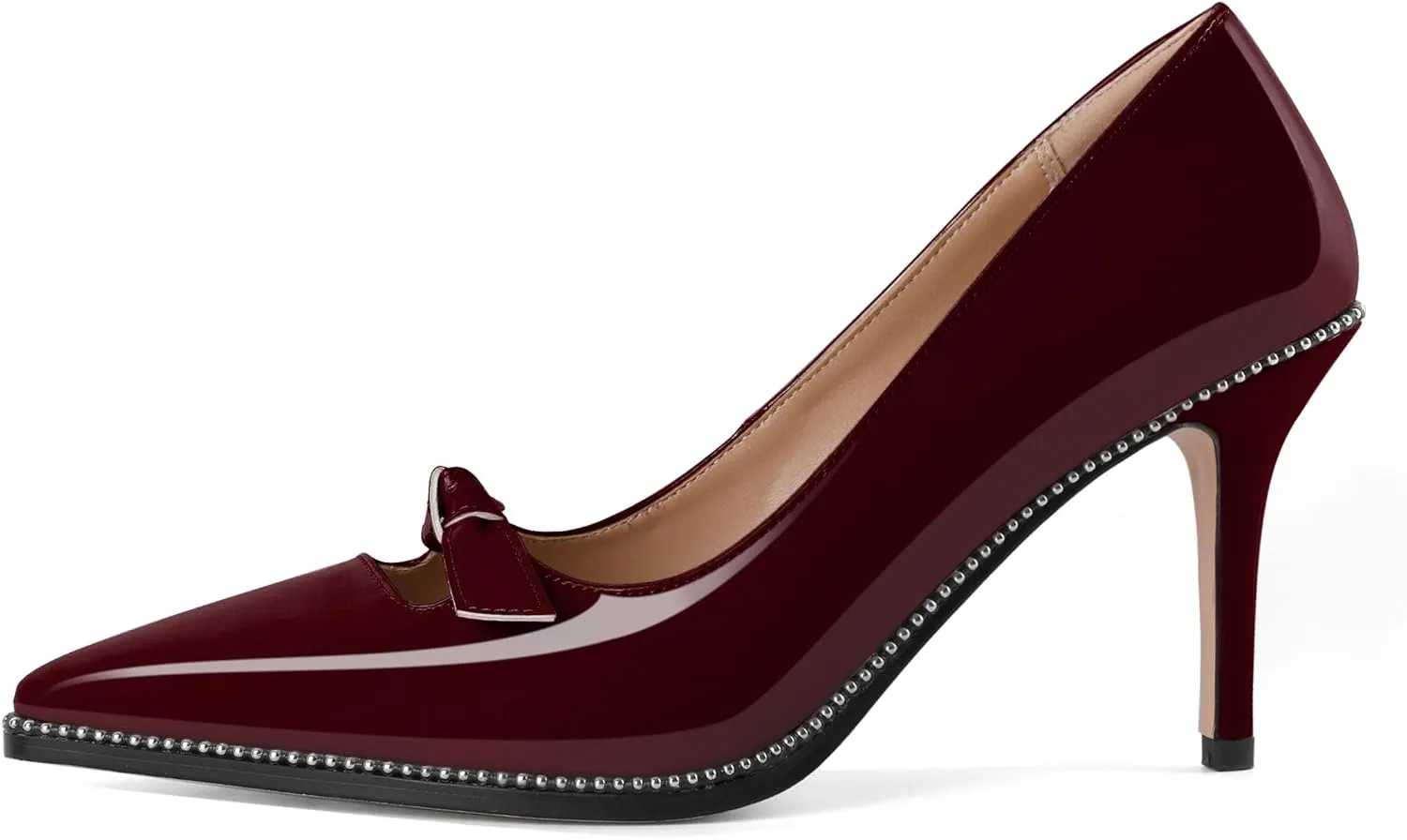 Soireelady Womens Beaded Pumps Stiletto High Heel with Bow Pointed Toe Slip On Fashion Dress Shoes Patent Leather 3.5 Inch