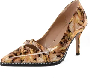 Soireelady Womens Beaded Pumps Stiletto High Heel with Bow Pointed Toe Slip On Fashion Dress Shoes Patent Leather 3.5 Inch