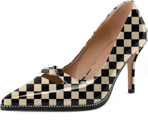 Soireelady Womens Beaded Pumps Stiletto High Heel with Bow Pointed Toe Slip On Fashion Dress Shoes Patent Leather 3.5 Inch