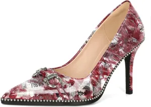Soireelady Womens High Heel Beaded Pumps Closed Pointed Toe Stiletto Heels Buckle Bow Slip On Fashion Dress Shoes Patent 3.5 Inch