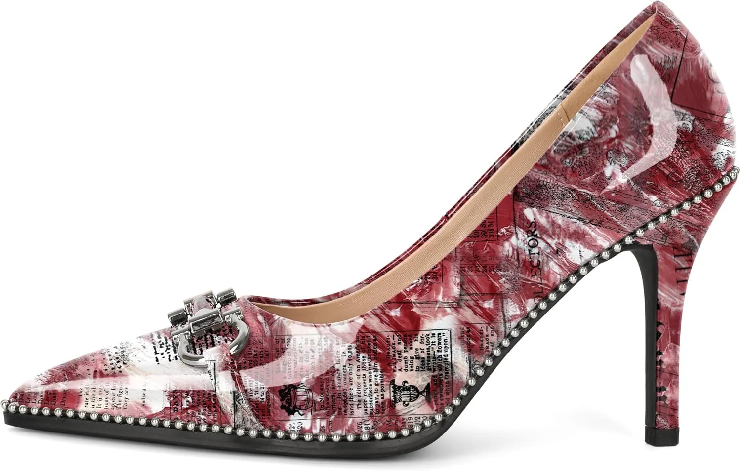 Soireelady Womens High Heel Beaded Pumps Closed Pointed Toe Stiletto Heels Buckle Bow Slip On Fashion Dress Shoes Patent 3.5 Inch