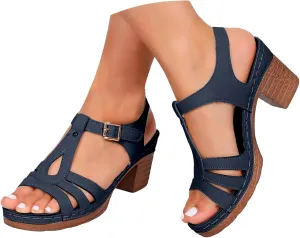 Summer Sandals for Women 2025 Open Toe Solid Color Hollow Classic Casual Chunky Heeled Comfortable Fashionable High Heels Shoes for Beach Vacation Travel Walking