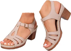 Summer Sandals for Women 2025 Open Toe Solid Color Hollow Classic Casual Chunky Heeled Comfortable Fashionable High Heels Shoes for Beach Vacation Travel Walking