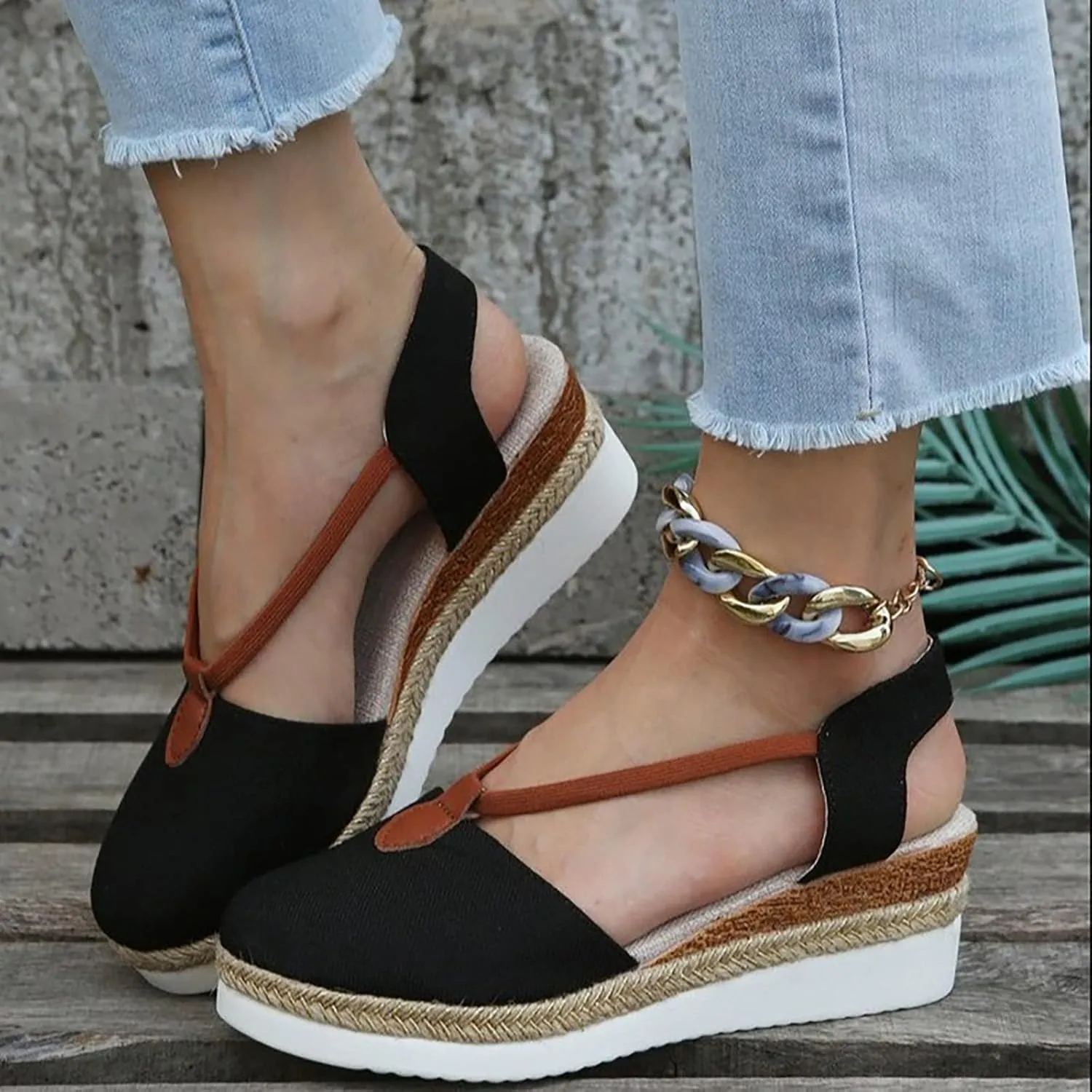 Thick Bottom Sandals for Women Wedge Heel Closed Toe Shoes Round Toe Braided Sandals Arch Support Wedge Sandals
