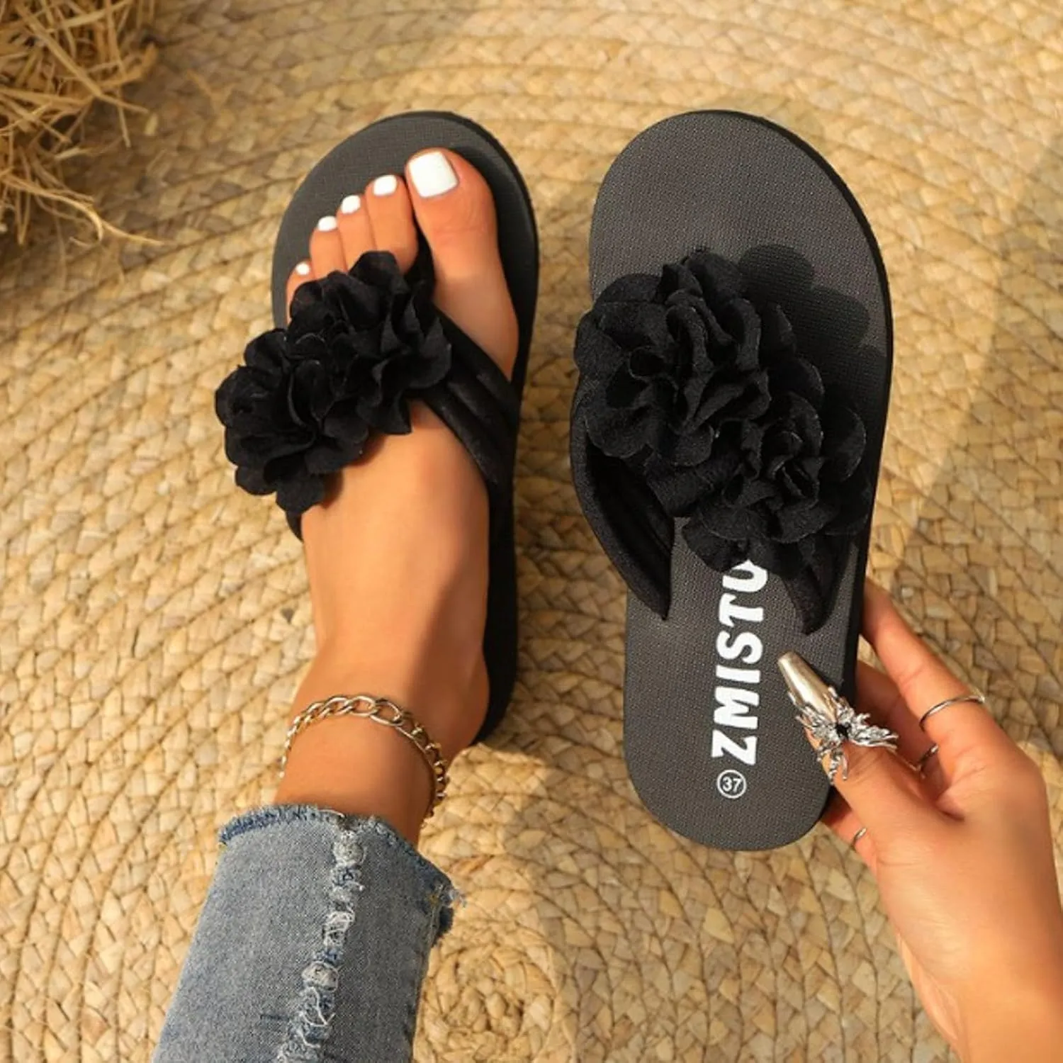 Wedge Sandals for Women 2025Mesh Flower Flats Flip-Flops Foam Sole Slippers Sandals Womens For Summer Beach Vocation