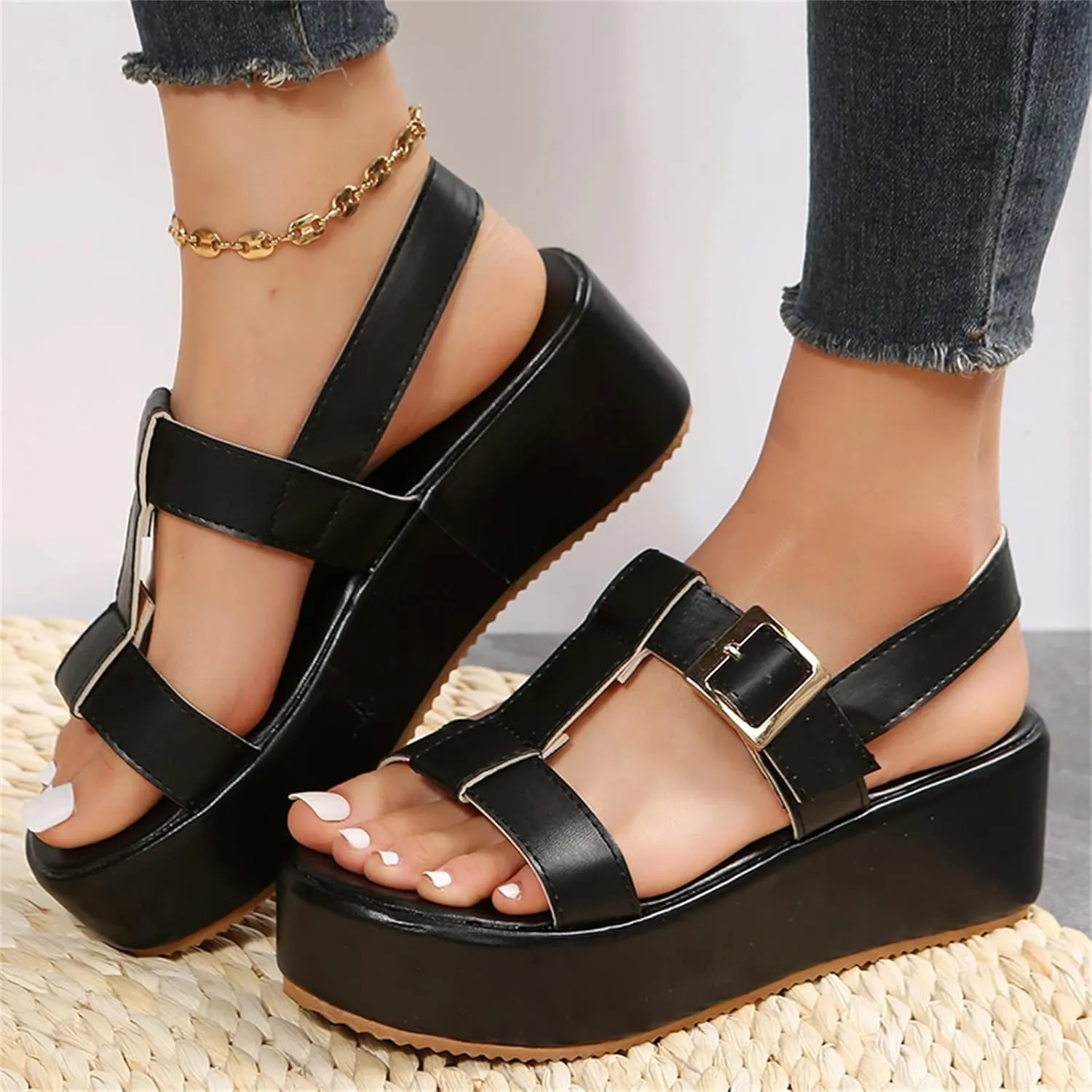 Wedge Sandals for Women Elastic Crisscross Ankle Straps with Peep Toe and Lightweight Platform for All Day Comfortable Orthopedic Sandal Beach Dressy Flip Flops for Wide Toe 2025 Spring