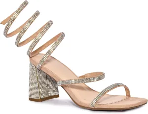 Wild Diva Rhinestone Spiral Ankle Strap Square Toe Low Block Heels