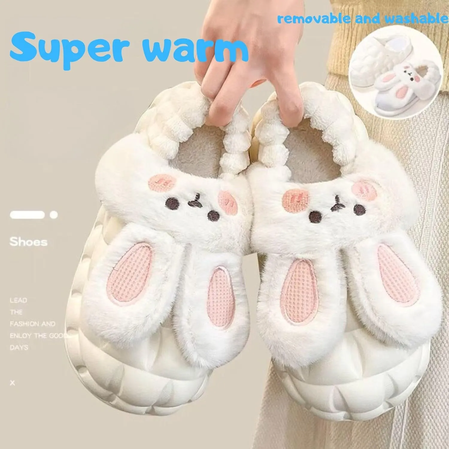 Women Cute Rabbit Ear Plush Slippers House Non-Slip Fluffy Bunny Slipper Indoor Warm Plush Animal Shoes Birthday Holiday Gifts for Girls Ladies