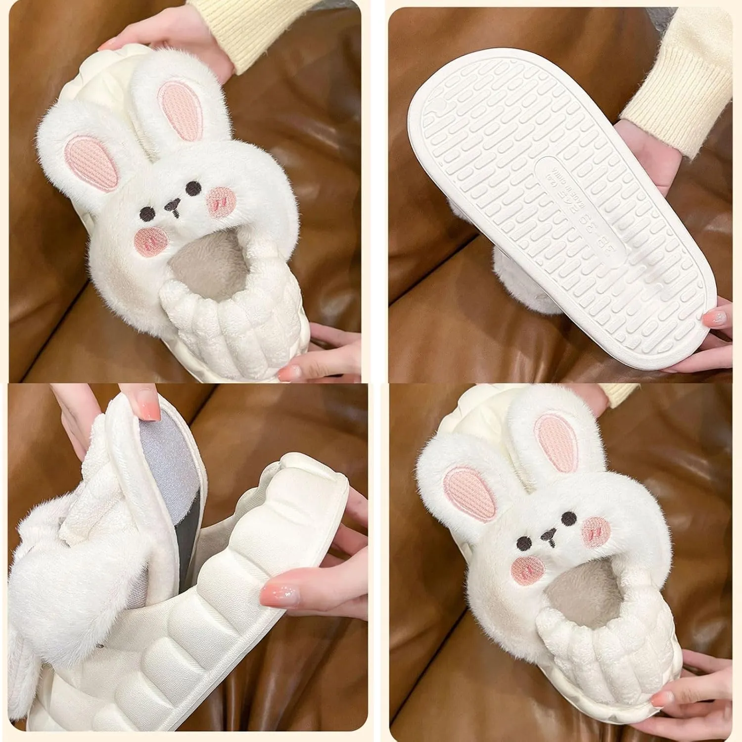 Women Cute Rabbit Ear Plush Slippers House Non-Slip Fluffy Bunny Slipper Indoor Warm Plush Animal Shoes Birthday Holiday Gifts for Girls Ladies