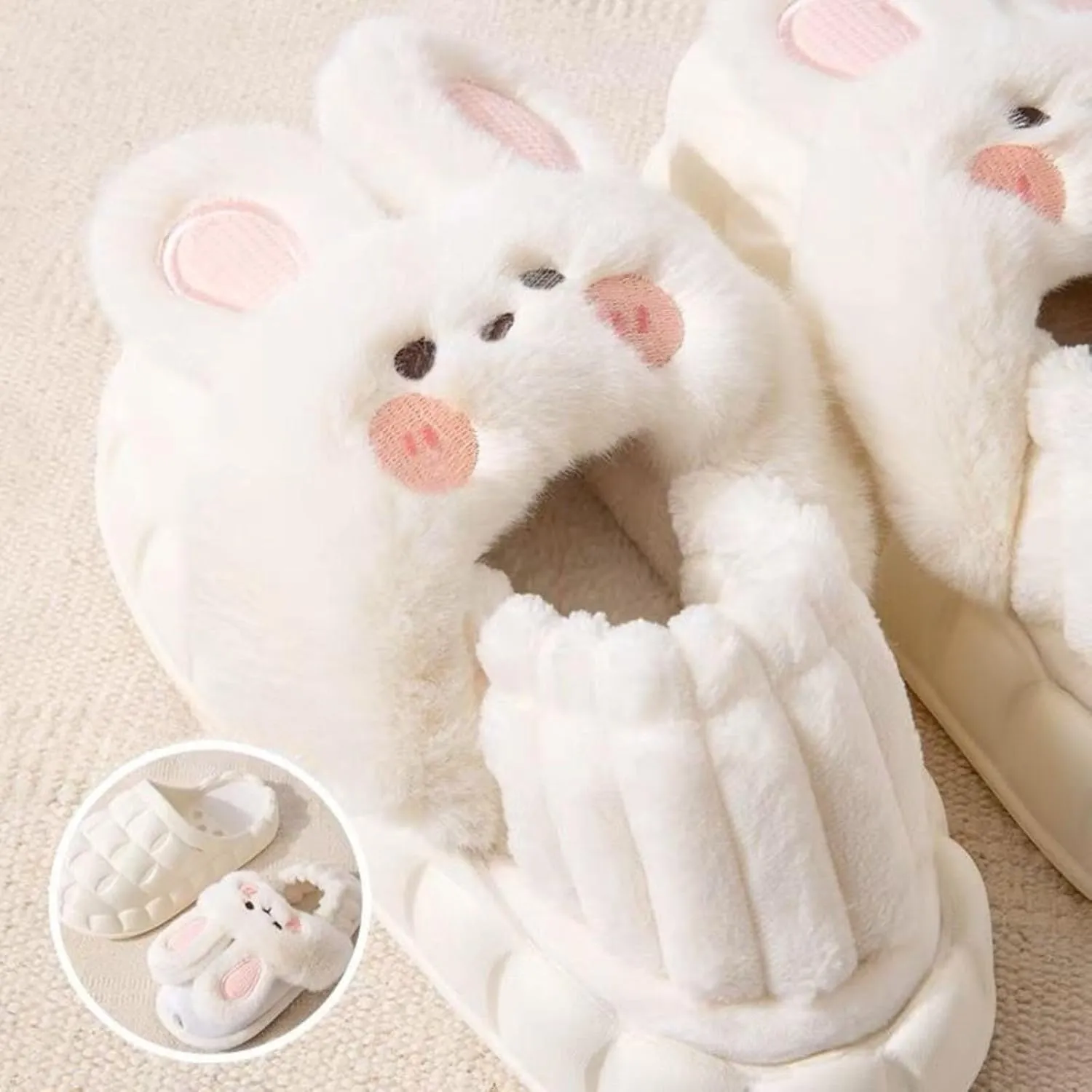 Women Cute Rabbit Ear Plush Slippers House Non-Slip Fluffy Bunny Slipper Indoor Warm Plush Animal Shoes Birthday Holiday Gifts for Girls Ladies