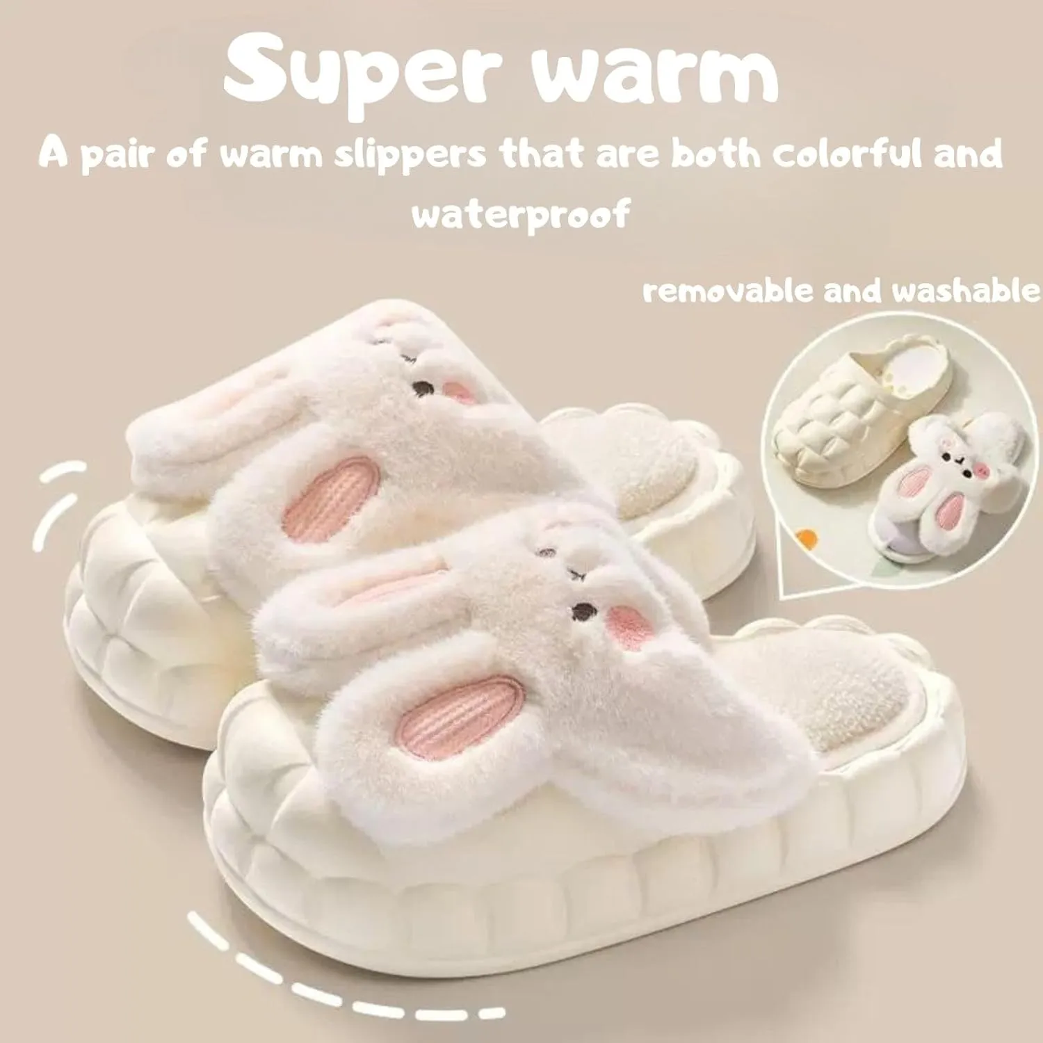 Women Cute Rabbit Ear Plush Slippers House Non-Slip Fluffy Bunny Slipper Indoor Warm Plush Animal Shoes Birthday Holiday Gifts for Girls Ladies