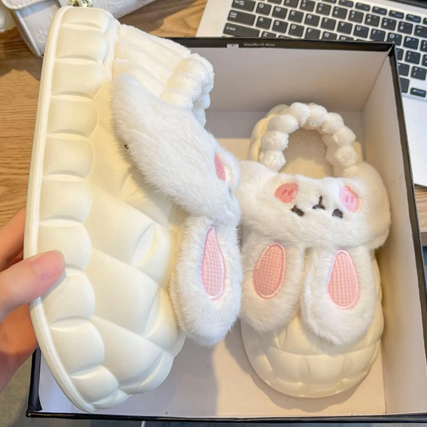 Women Cute Rabbit Ear Plush Slippers House Non-Slip Fluffy Bunny Slipper Indoor Warm Plush Animal Shoes Birthday Holiday Gifts for Girls Ladies