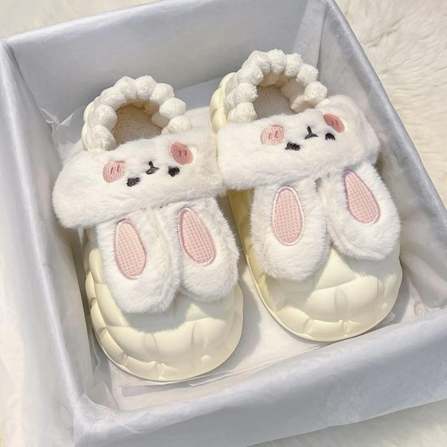 Women Cute Rabbit Ear Plush Slippers House Non-Slip Fluffy Bunny Slipper Indoor Warm Plush Animal Shoes Birthday Holiday Gifts for Girls Ladies