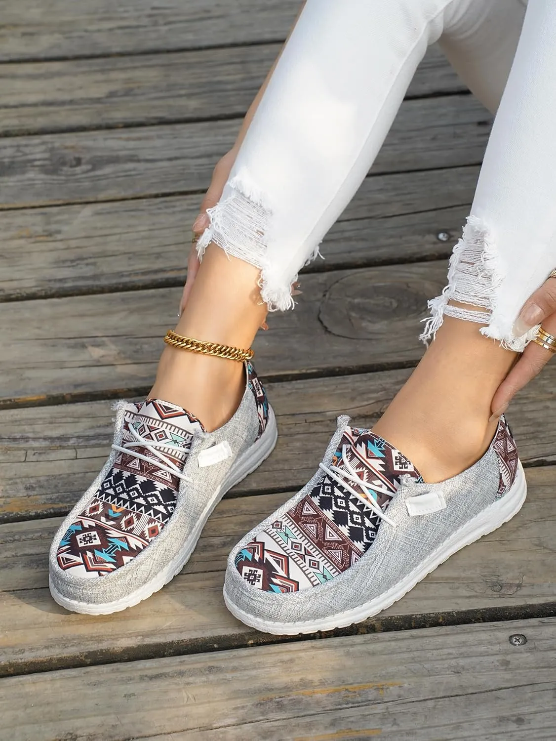 Women's Aztec Print Slip-On Loafers - Elastic Lace Comfort Shoes, Lightweight Foam Sole, Orthotic Support for Daily Wear, Trendy Casual Sneakers (US 6-11)