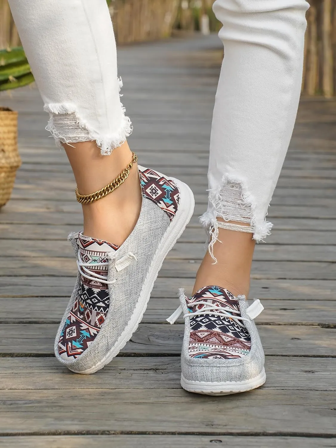 Women's Aztec Print Slip-On Loafers - Elastic Lace Comfort Shoes, Lightweight Foam Sole, Orthotic Support for Daily Wear, Trendy Casual Sneakers (US 6-11)