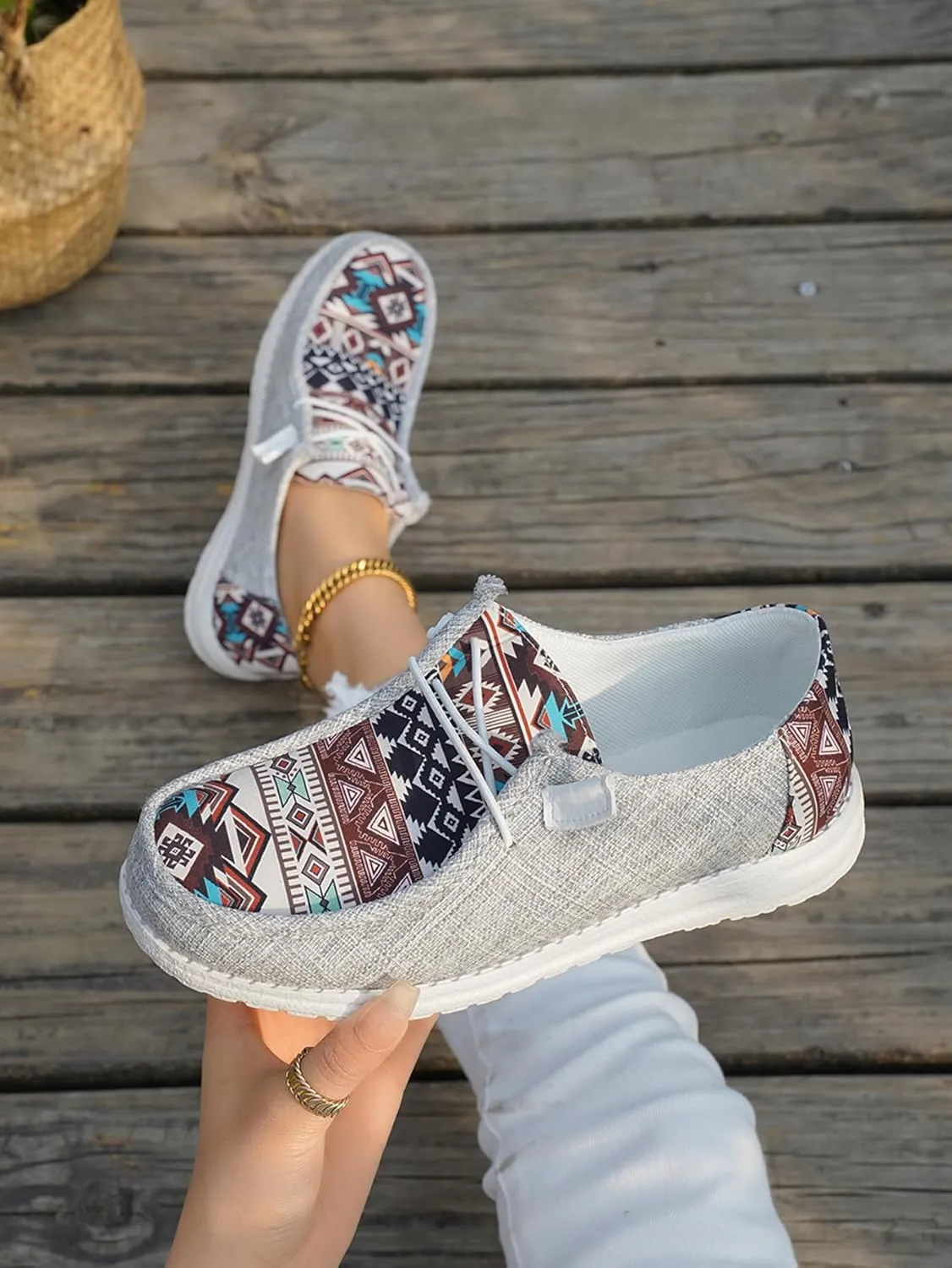 Women's Aztec Print Slip-On Loafers - Elastic Lace Comfort Shoes, Lightweight Foam Sole, Orthotic Support for Daily Wear, Trendy Casual Sneakers (US 6-11)