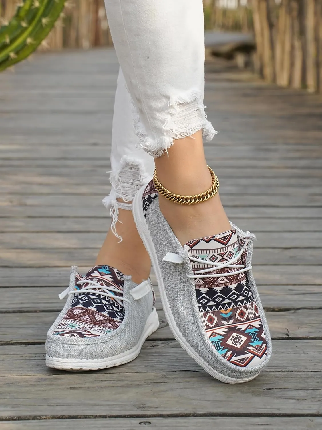 Women's Aztec Print Slip-On Loafers - Elastic Lace Comfort Shoes, Lightweight Foam Sole, Orthotic Support for Daily Wear, Trendy Casual Sneakers (US 6-11)