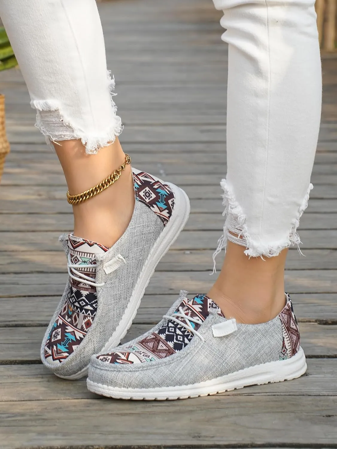 Women's Aztec Print Slip-On Loafers - Elastic Lace Comfort Shoes, Lightweight Foam Sole, Orthotic Support for Daily Wear, Trendy Casual Sneakers (US 6-11)