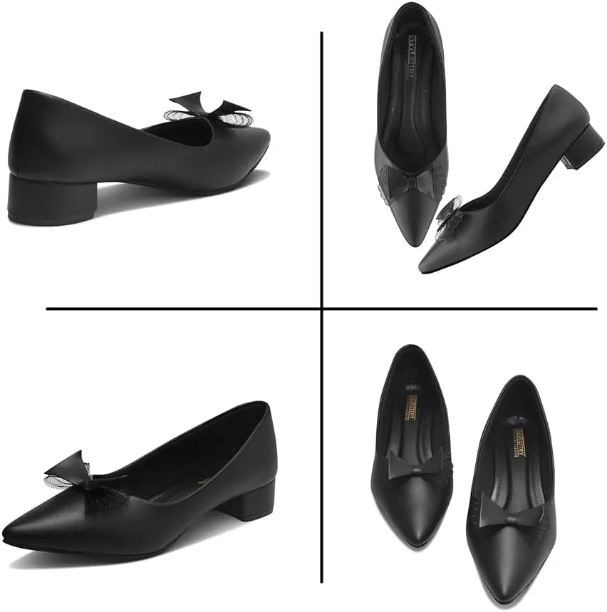 Women's Black Chunky Closed Toe Low Block Heels – Comfortable Pointed Toe Work Pumps, Dress, and Wedding Shoes