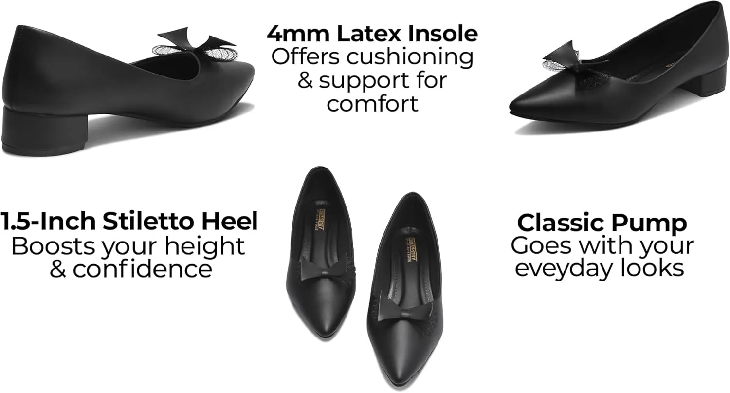 Women's Black Chunky Closed Toe Low Block Heels – Comfortable Pointed Toe Work Pumps, Dress, and Wedding Shoes