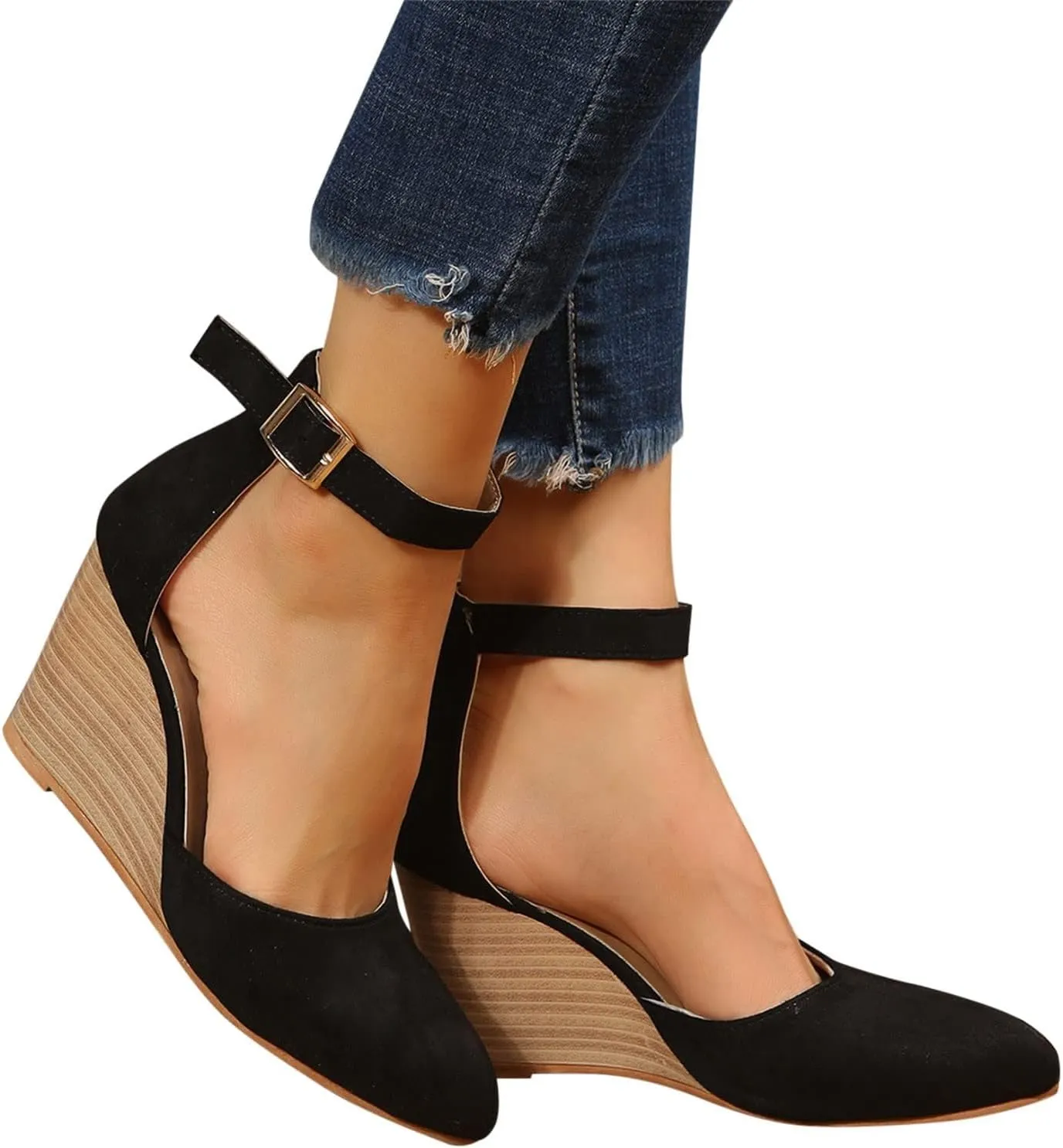 Womens Closed Toe Sandals Buckle Ankle Strap High Chunky Heels Sandals Closed Toe Espadrilles Wedge Shoes Platform