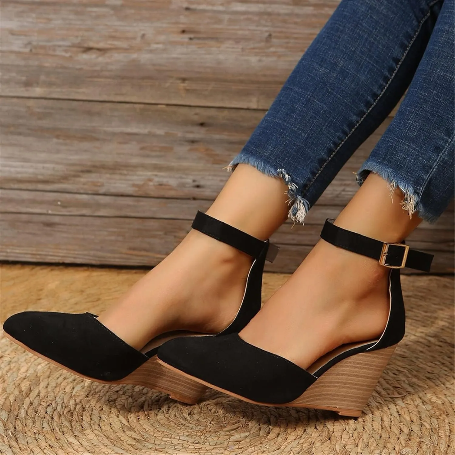 Womens Closed Toe Sandals Buckle Ankle Strap High Chunky Heels Sandals Closed Toe Espadrilles Wedge Shoes Platform
