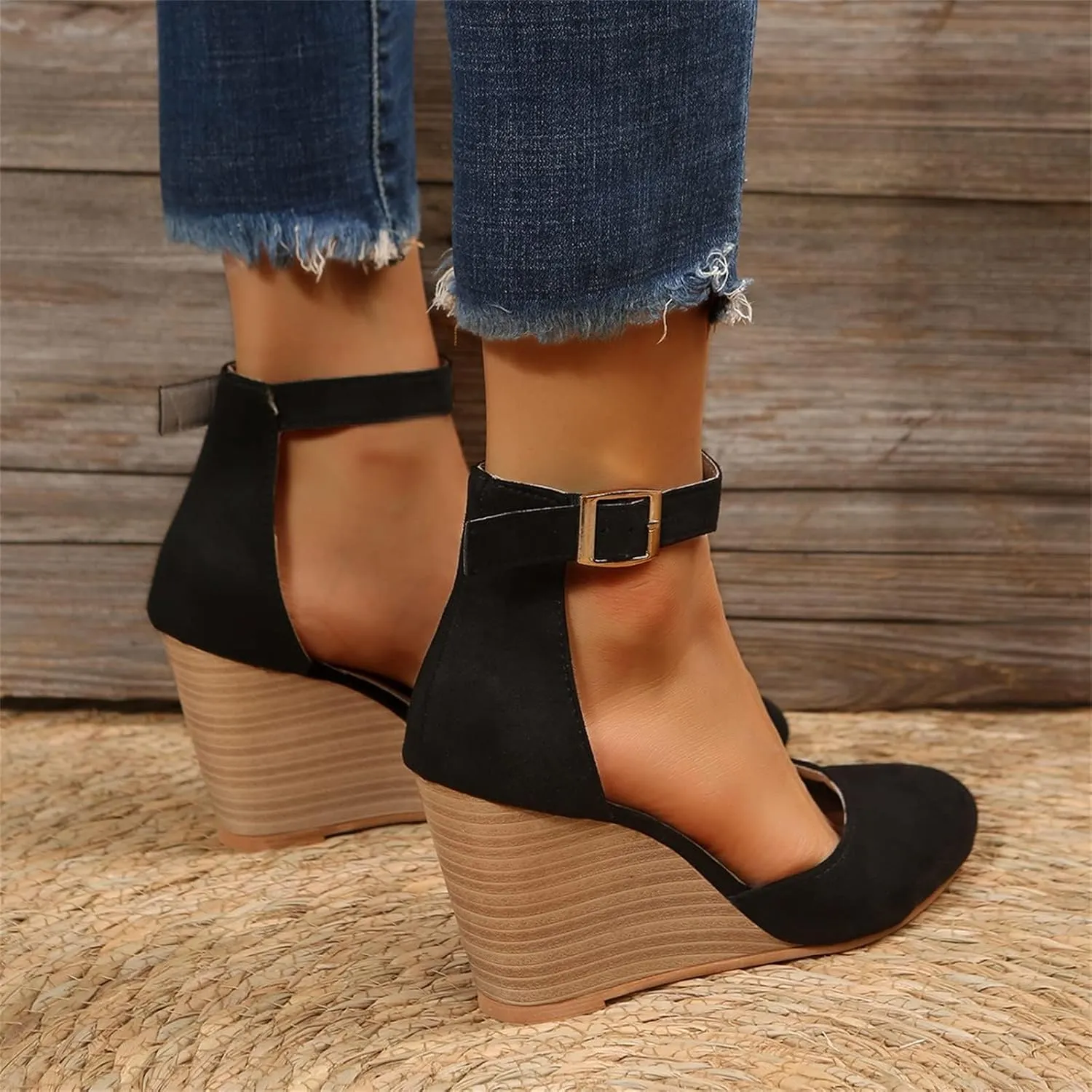 Womens Closed Toe Sandals Buckle Ankle Strap High Chunky Heels Sandals Closed Toe Espadrilles Wedge Shoes Platform