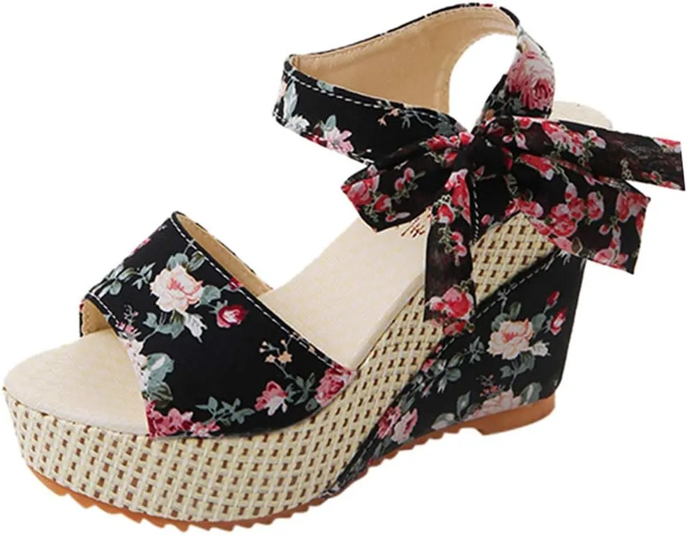 Women's Floral Fish Toe Boho Wedge Sandals Elegant Printed Ankle Strap Bow Lace-up Espadrille Slip-On Platform Heel Sandals Summer High Heel Casual Shoes