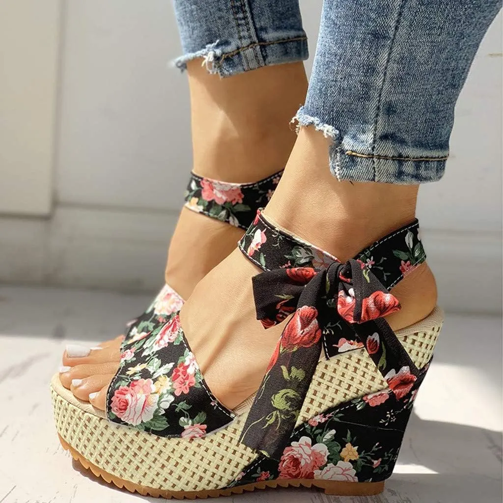 Women's Floral Fish Toe Boho Wedge Sandals Elegant Printed Ankle Strap Bow Lace-up Espadrille Slip-On Platform Heel Sandals Summer High Heel Casual Shoes