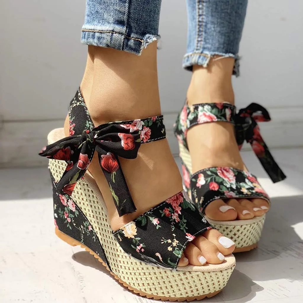 Women's Floral Fish Toe Boho Wedge Sandals Elegant Printed Ankle Strap Bow Lace-up Espadrille Slip-On Platform Heel Sandals Summer High Heel Casual Shoes