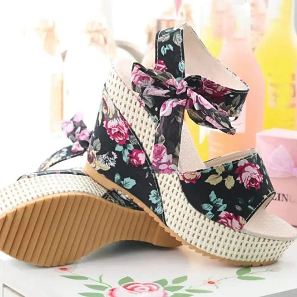 Women's Floral Fish Toe Boho Wedge Sandals Elegant Printed Ankle Strap Bow Lace-up Espadrille Slip-On Platform Heel Sandals Summer High Heel Casual Shoes