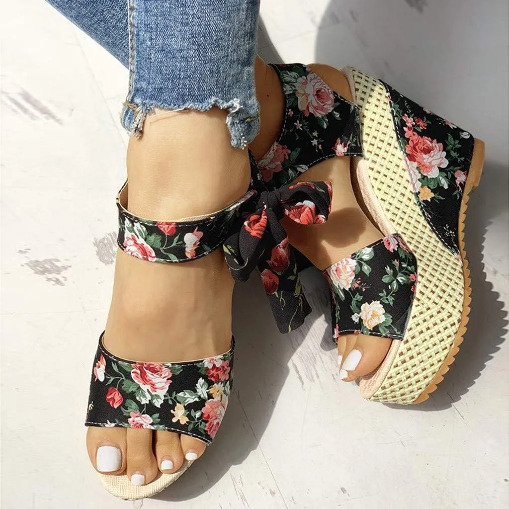 Women's Floral Fish Toe Boho Wedge Sandals Elegant Printed Ankle Strap Bow Lace-up Espadrille Slip-On Platform Heel Sandals Summer High Heel Casual Shoes