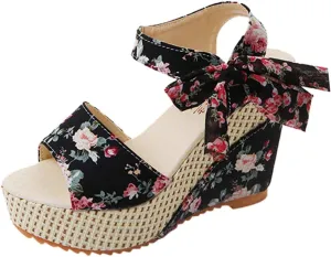 Women's Floral Fish Toe Boho Wedge Sandals Elegant Printed Ankle Strap Bow Lace-up Espadrille Slip-On Platform Heel Sandals Summer High Heel Casual Shoes