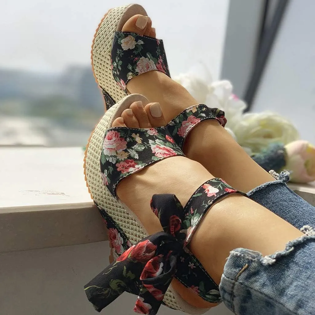 Women's Floral Fish Toe Boho Wedge Sandals Elegant Printed Ankle Strap Bow Lace-up Espadrille Slip-On Platform Heel Sandals Summer High Heel Casual Shoes