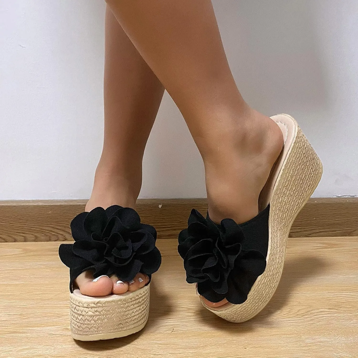 Women's Floral Open Toe Platform Wedges Sandals Classic Slip-on High Heel Open Round Toe Dress Slippers Causal Wide Width Outdoor Espadrilles Beach Shoes