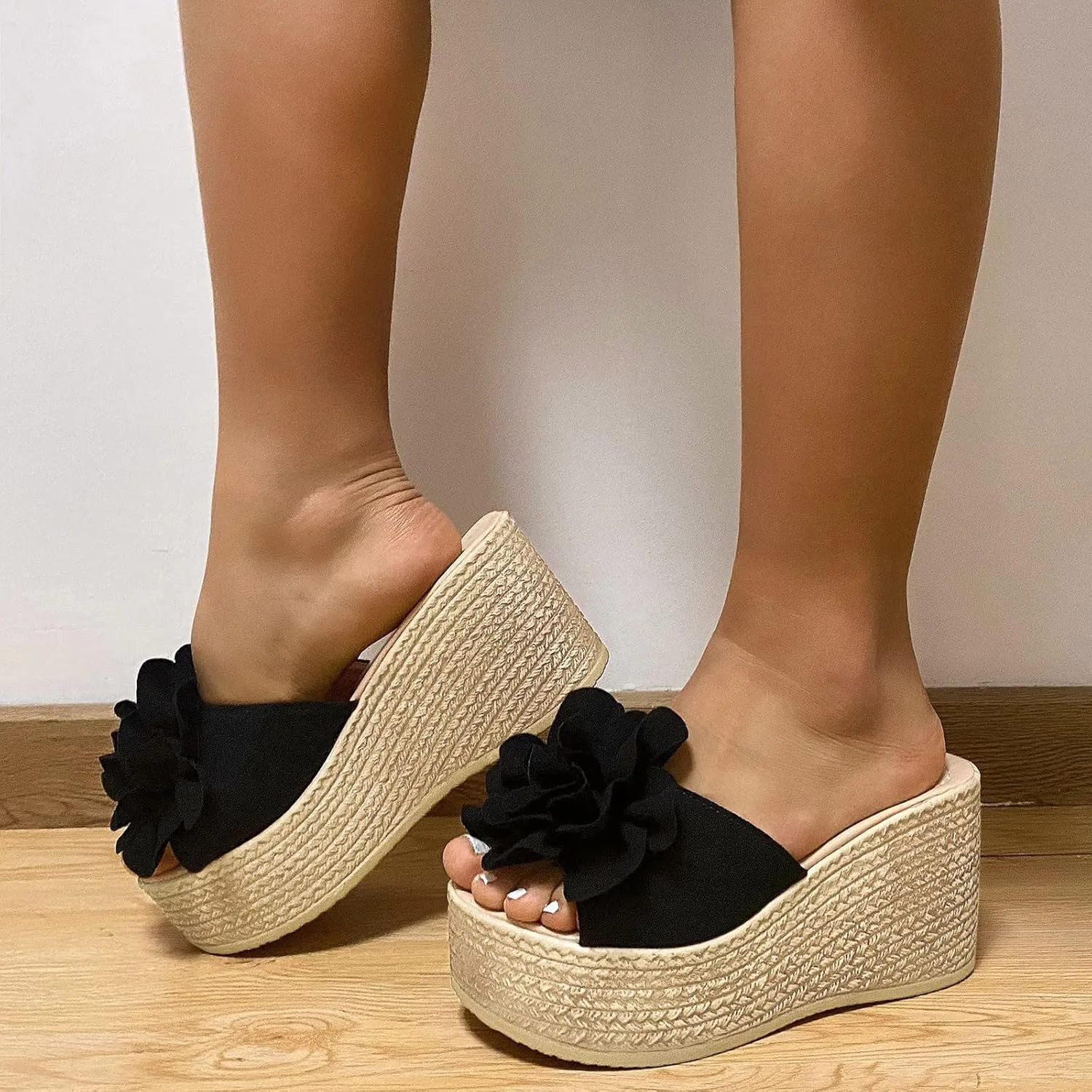 Women's Floral Open Toe Platform Wedges Sandals Classic Slip-on High Heel Open Round Toe Dress Slippers Causal Wide Width Outdoor Espadrilles Beach Shoes