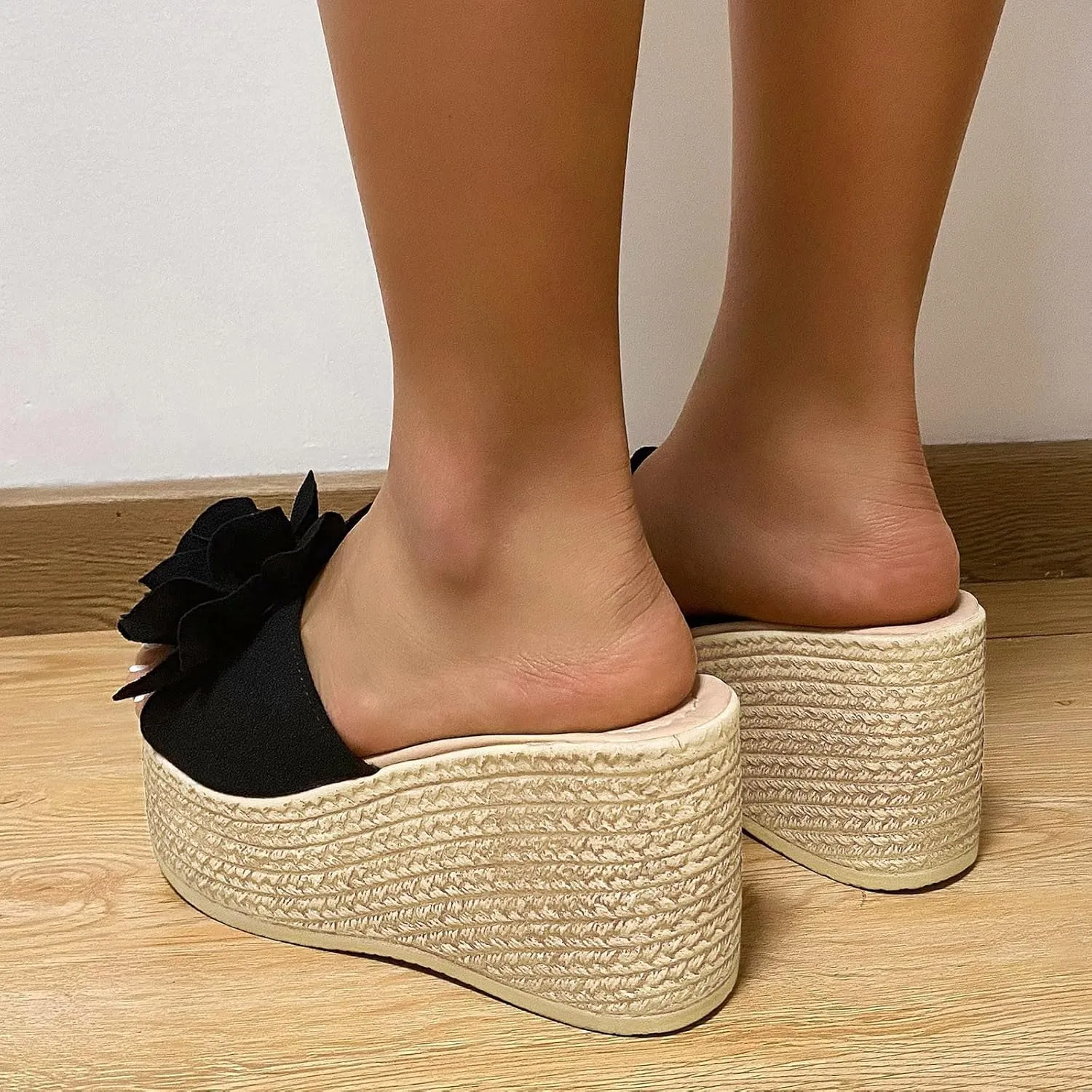 Women's Floral Open Toe Platform Wedges Sandals Classic Slip-on High Heel Open Round Toe Dress Slippers Causal Wide Width Outdoor Espadrilles Beach Shoes