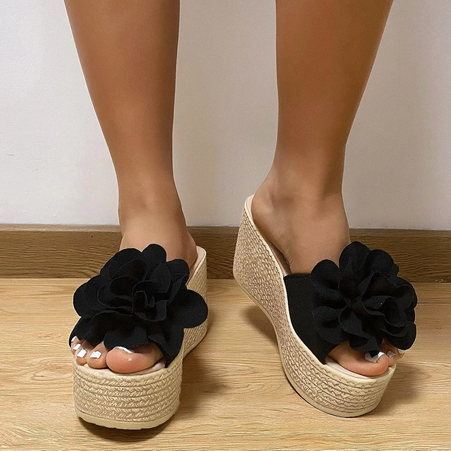 Women's Floral Open Toe Platform Wedges Sandals Classic Slip-on High Heel Open Round Toe Dress Slippers Causal Wide Width Outdoor Espadrilles Beach Shoes