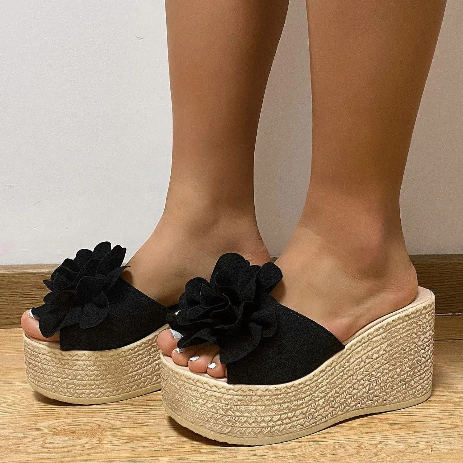 Women's Floral Open Toe Platform Wedges Sandals Classic Slip-on High Heel Open Round Toe Dress Slippers Causal Wide Width Outdoor Espadrilles Beach Shoes