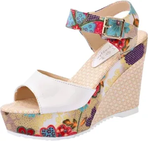 Women's Floral Printing Fish Toe Boho Wedge Sandals Elegant Printed Ankle Strap Buckle Espadrille Slip-On Platform Heel Sandals Summer High Heel Casual Shoes