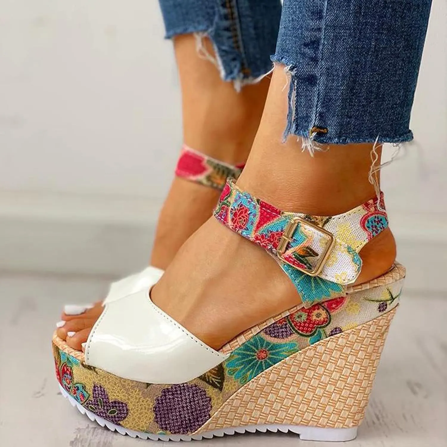 Women's Floral Printing Fish Toe Boho Wedge Sandals Elegant Printed Ankle Strap Buckle Espadrille Slip-On Platform Heel Sandals Summer High Heel Casual Shoes