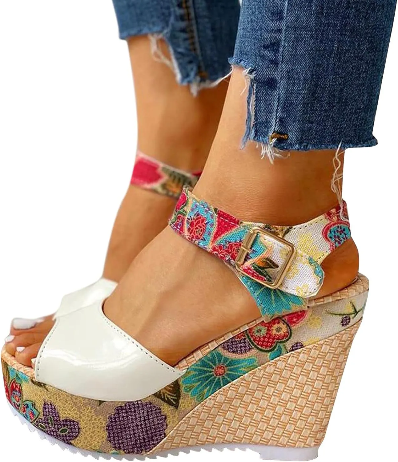 Women's Floral Printing Fish Toe Boho Wedge Sandals Elegant Printed Ankle Strap Buckle Espadrille Slip-On Platform Heel Sandals Summer High Heel Casual Shoes